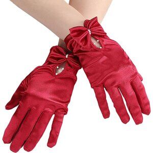 Women's Bright Red Short Satin Pearl Bow Wrist Gloves Bridal Wedding Party Prom